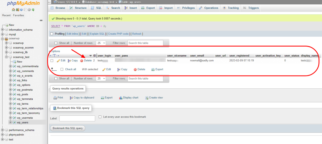 delete WordPress user account from the users database table using MySQL and phpMyAdmin