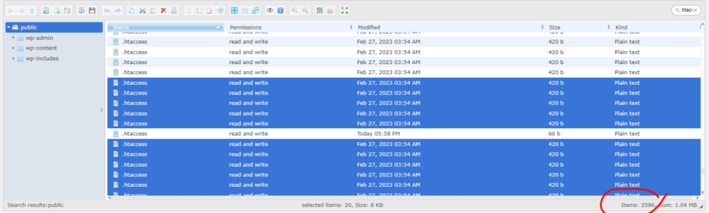 screenshot displaying multiplied malicious htaccess files in a WordPress website installation