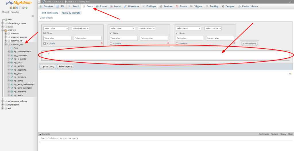 How to add an SQL command in the query field using the Query tab in the phpMyAdmin interface