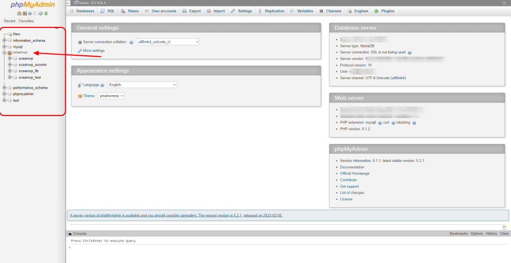 view website MySQL databases using phpMyAdmin interface