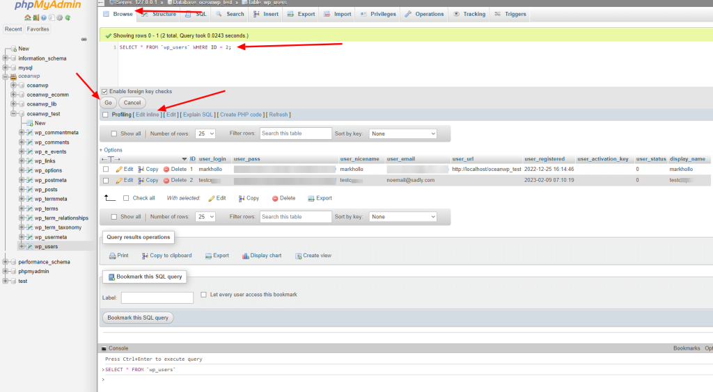 searching MySQL with phpMyAdmin for user accounts based on the user account id