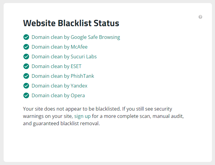 the SiteCheck service by Sucuri displaying a website's blacklist status