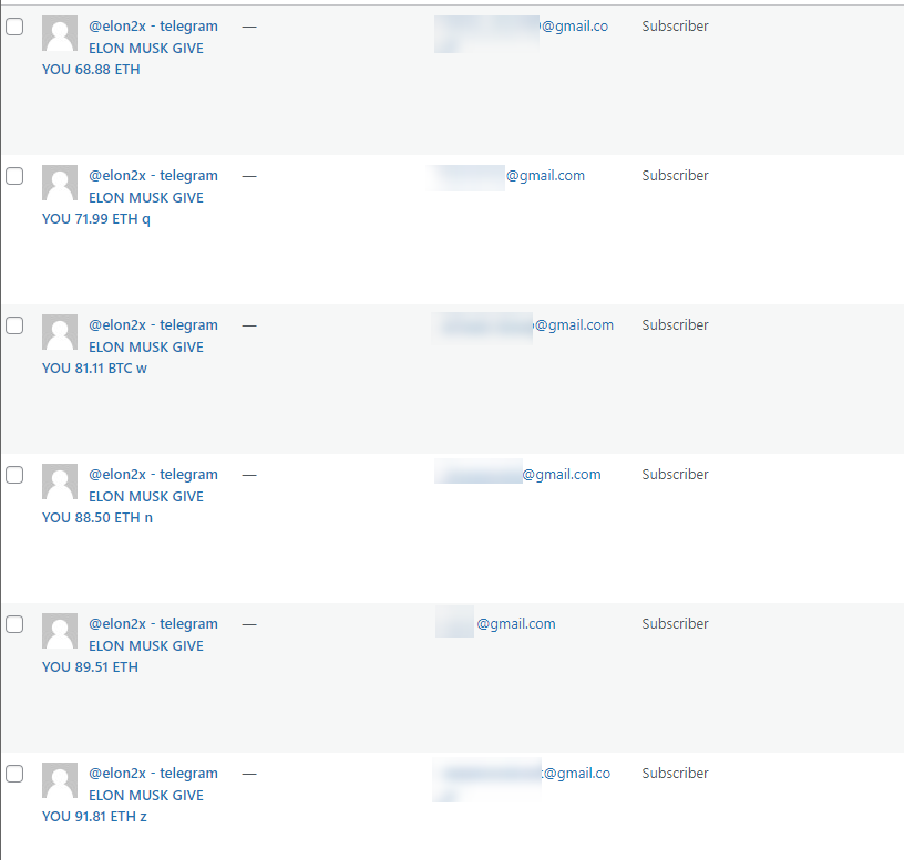 screenshot displaying spam WordPress users created during a bot attack on the website