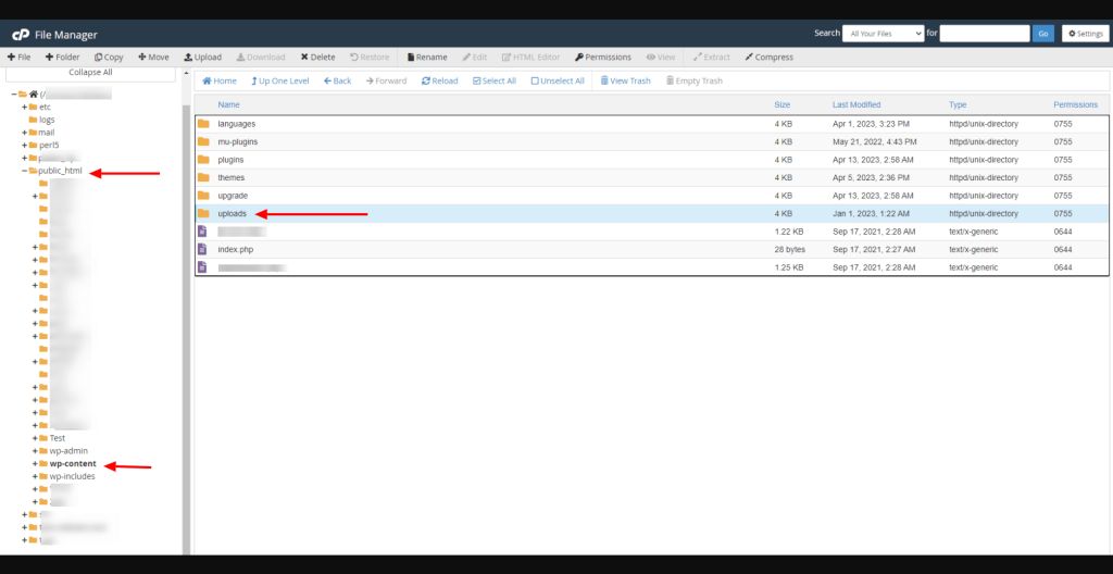 screenshot displaying the location of the WordPress uploads folder in the wp-content folder