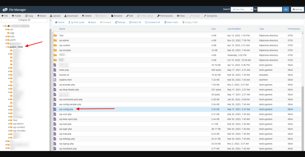 screenshot displaying the location of the wp-config file in the website installation root public folder